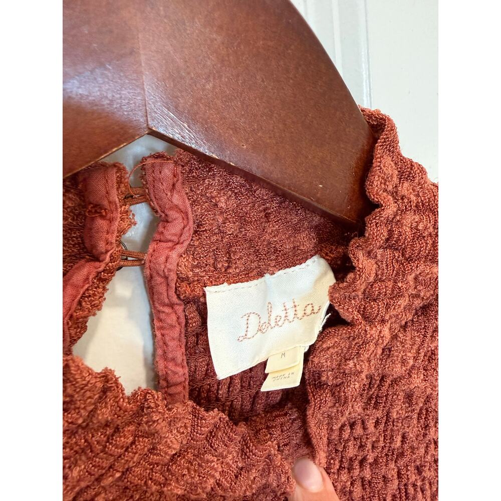 Deletta Rust Textured Smocked Blouse Size M Boho Prairie Long Top Anthropologie